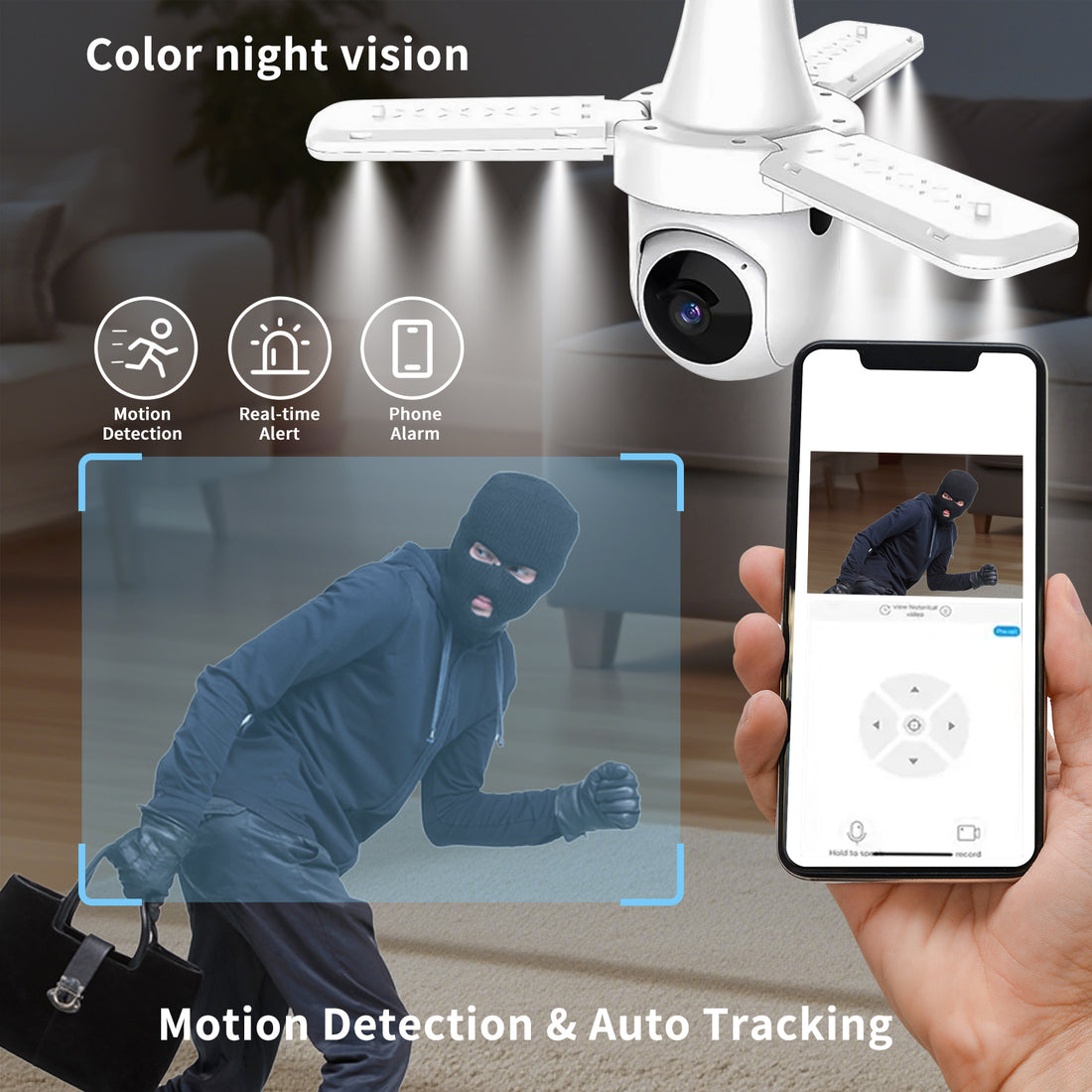 3-Leaf Fan Light Bulb Security Camera 1080P WiFi Night Vision Motion Detection