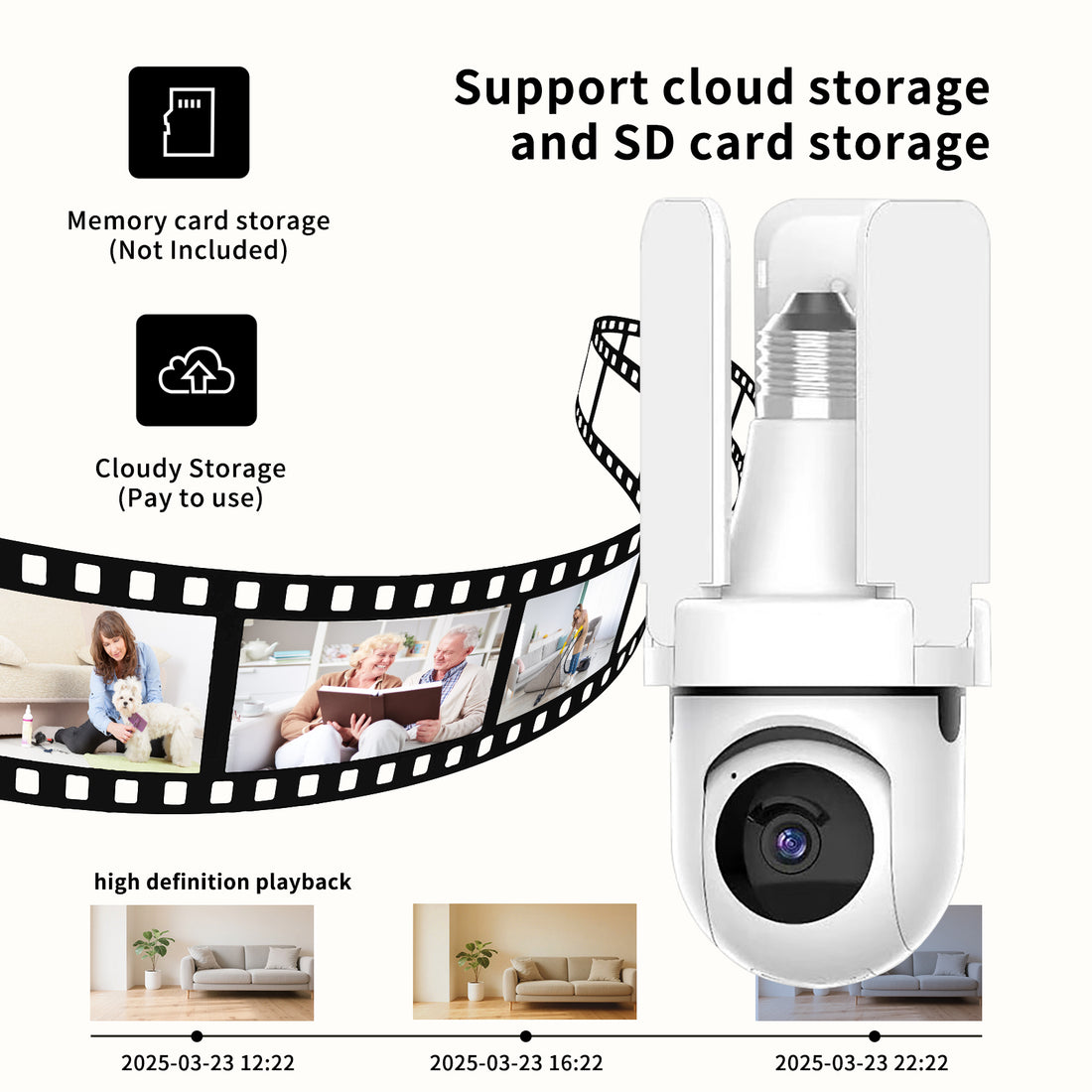3-Leaf Fan Light Bulb Security Camera 1080P WiFi Night Vision Motion Detection