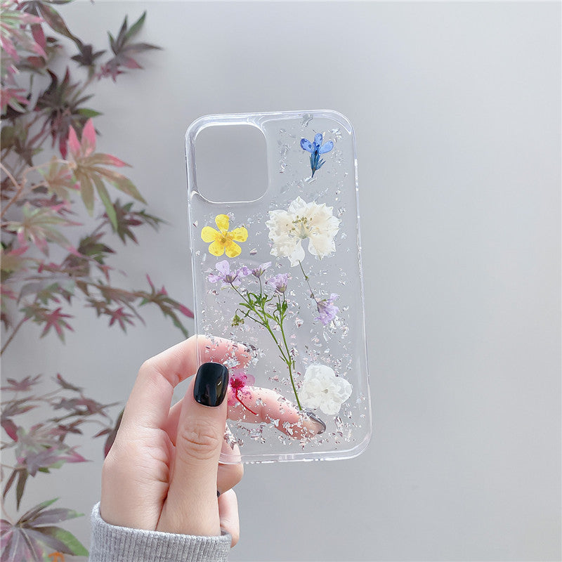 Transparent Epoxy Phone Case With Silver Foil Dried Flowers