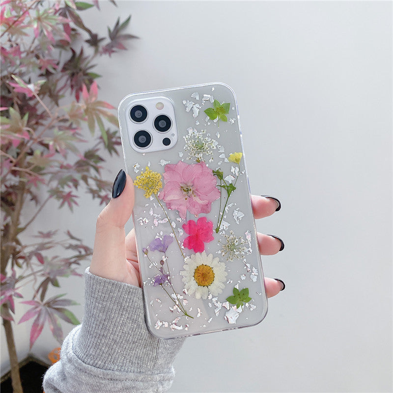 Transparent Epoxy Phone Case With Silver Foil Dried Flowers