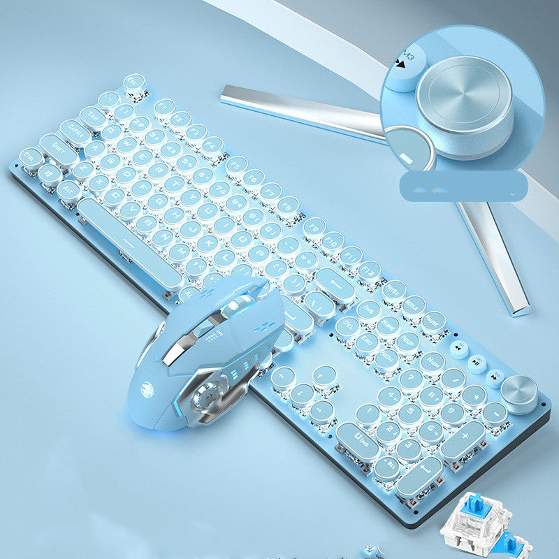 Wired Mechanical Keyboard and Mouse USB Set Rechargeable Blue Retro Version