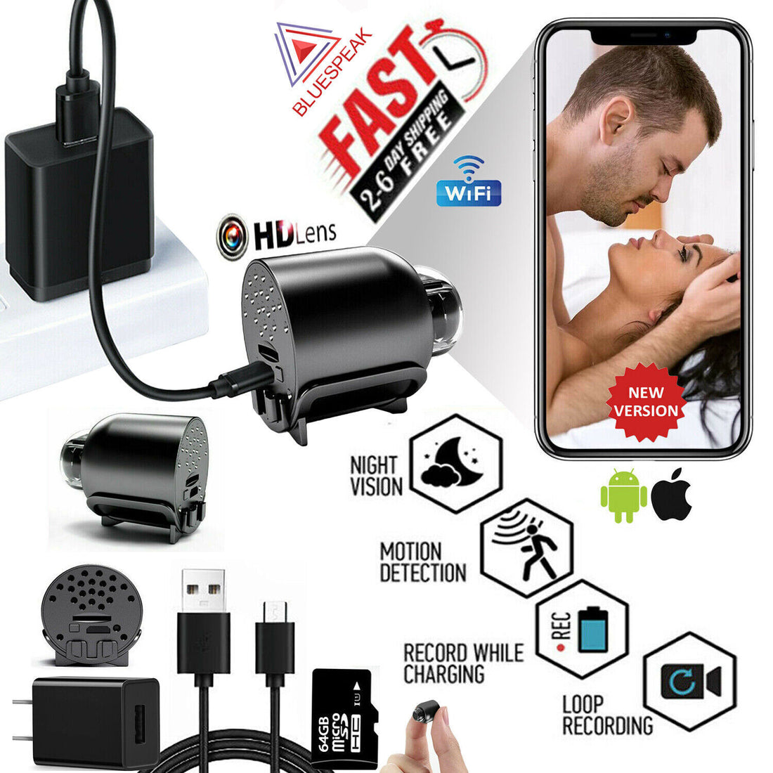 64G Hidden Spy Camera 1080P HD WiFi Night Vision Home Security Wireless