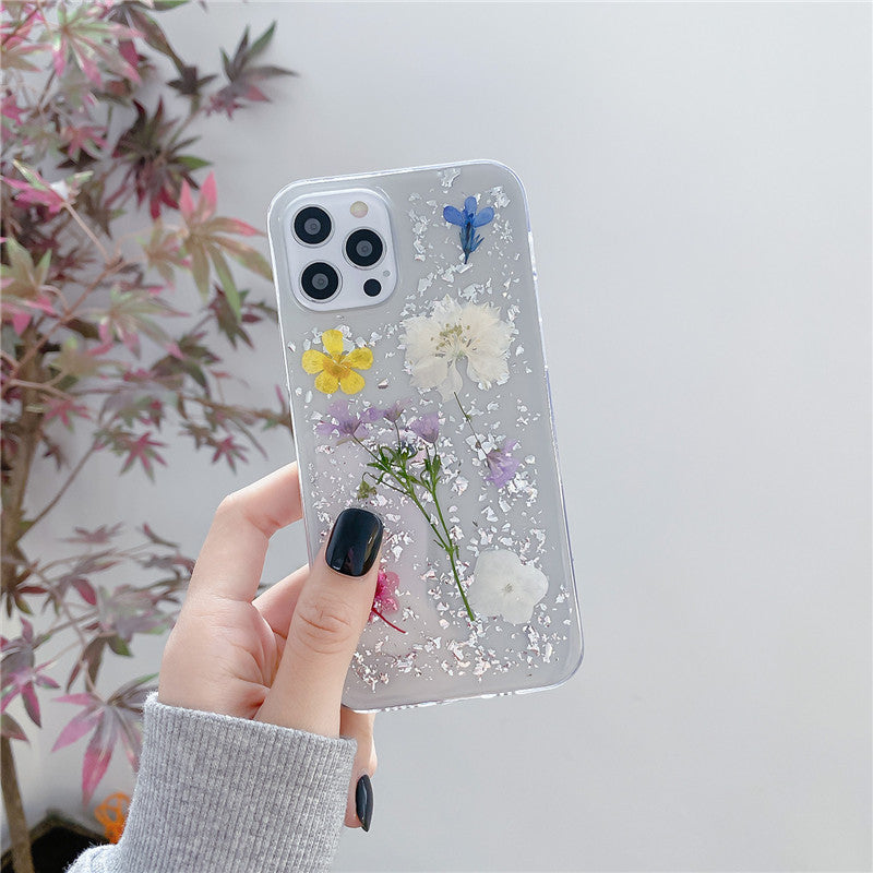 Transparent Epoxy Phone Case With Silver Foil Dried Flowers